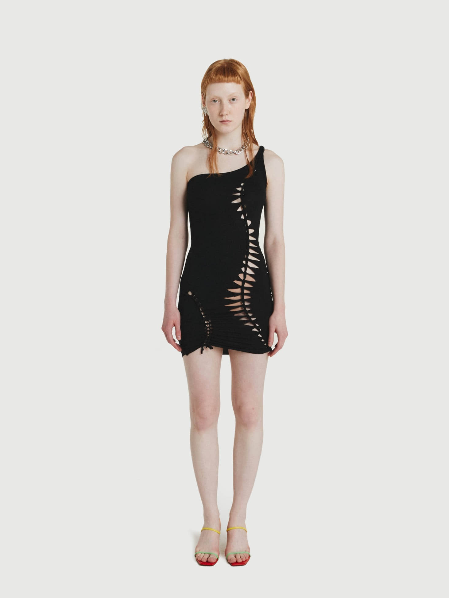 Asymmetric Shoulder Knotted Mini Dress / Black