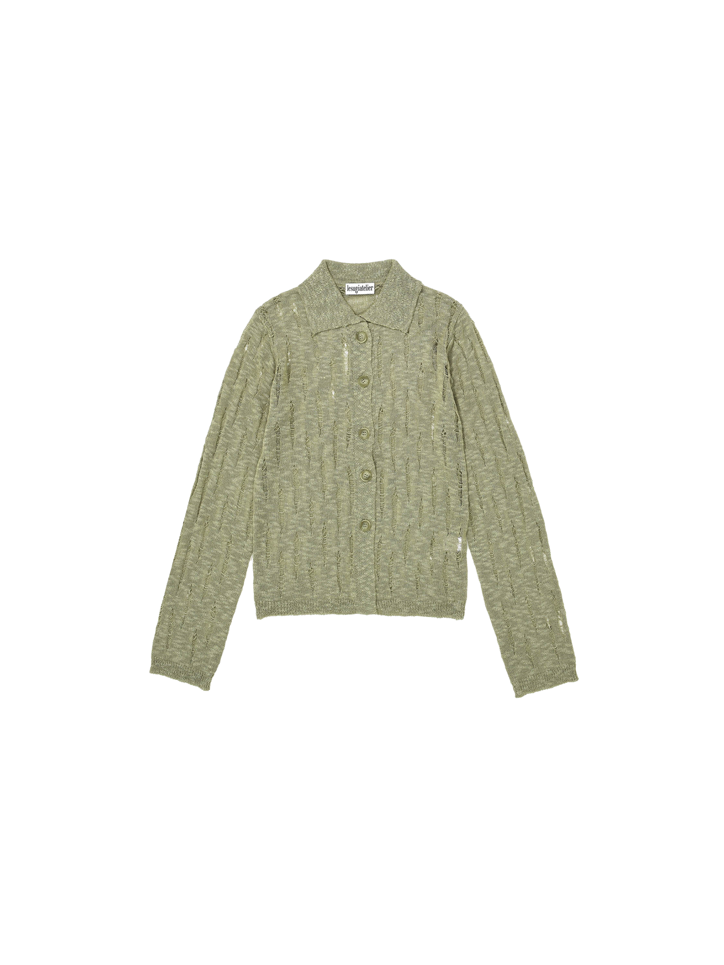 Ripped-Detail Knitted Cardigan / Khaki