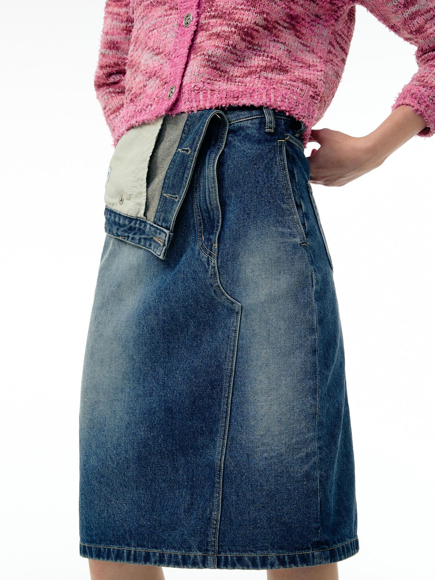 [+Gift] Folded-waist denim midi skirt / Blue